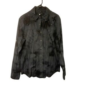 Affliction Shirt Button Up Gray Black Embroidered Studded Long Sleeve Y2K Medium